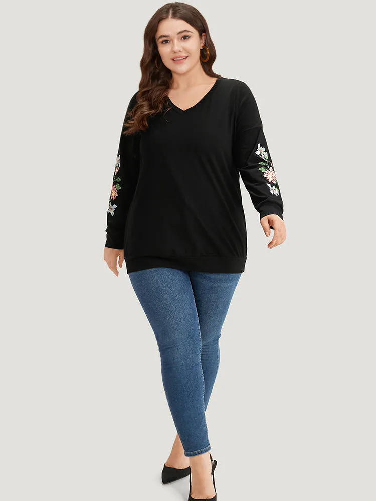 Floral Embroidered Elastic Cuffs V Neck Sweatshirt sold by Bloomchic product image thumbnail 4
