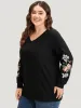 Floral Embroidered Elastic Cuffs V Neck Sweatshirt sold by Bloomchic