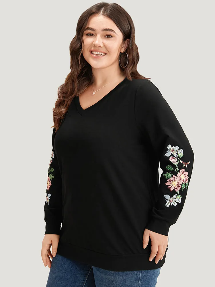 Floral Embroidered Elastic Cuffs V Neck Sweatshirt sold by Bloomchic product image thumbnail 3