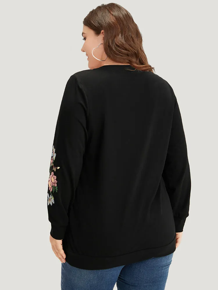 Floral Embroidered Elastic Cuffs V Neck Sweatshirt sold by Bloomchic product image thumbnail 2