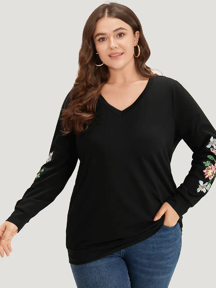 Floral Embroidered Elastic Cuffs V Neck Sweatshirt sold by Bloomchic product image thumbnail 5