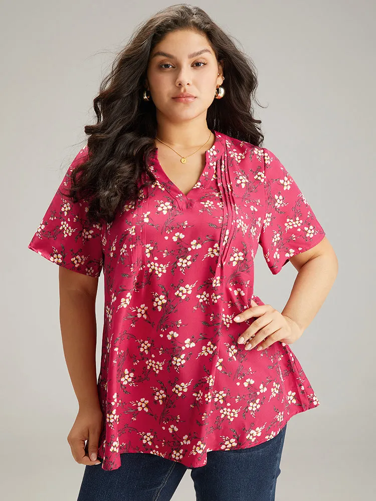 Floral Print Notched Pleated Detail Blouse sold by Bloomchic