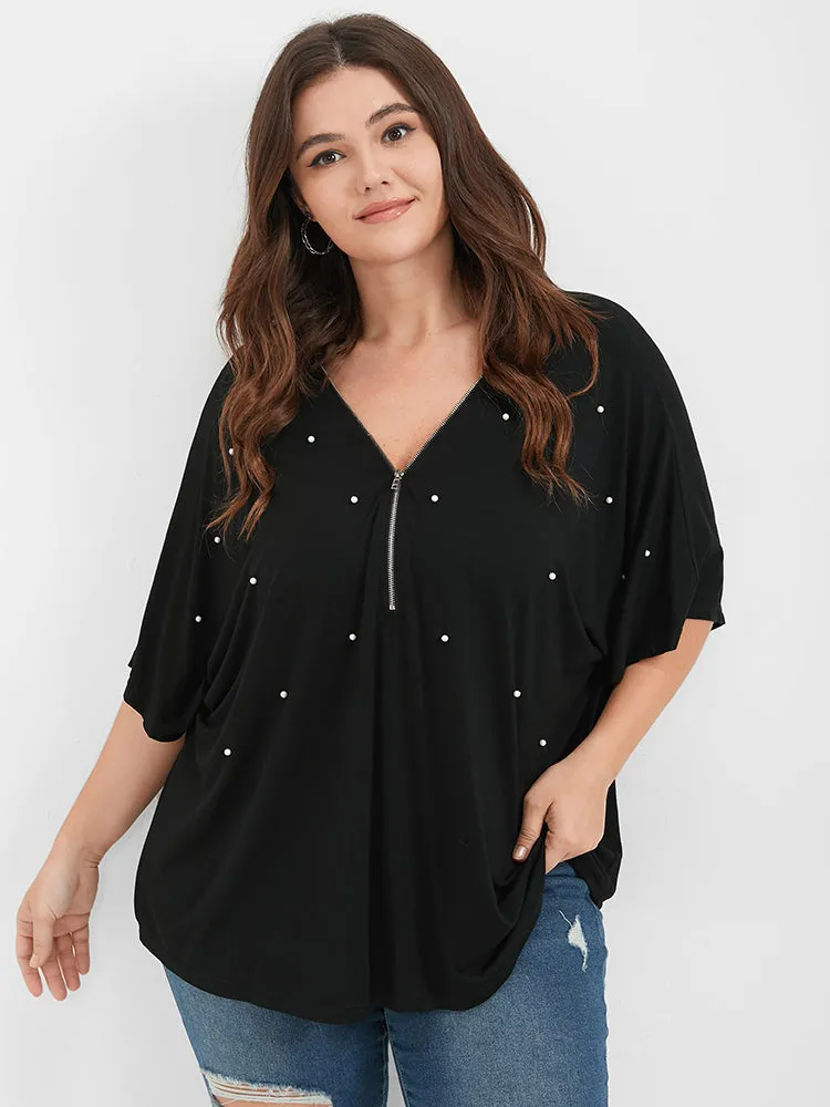 Solid Zipper V Neck Pearl Beaded Modal T-shirt sold by Bloomchic