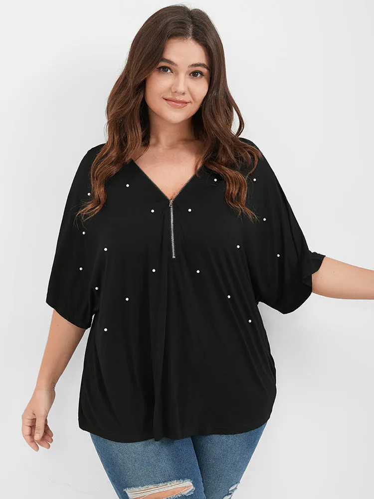 Solid Zipper V Neck Pearl Beaded Modal T-shirt sold by Bloomchic product image thumbnail 4