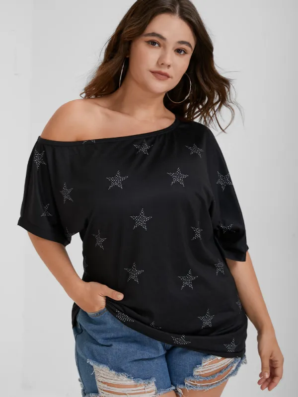 One Shoulder Star Pattern T-shirt sold by Bloomchic