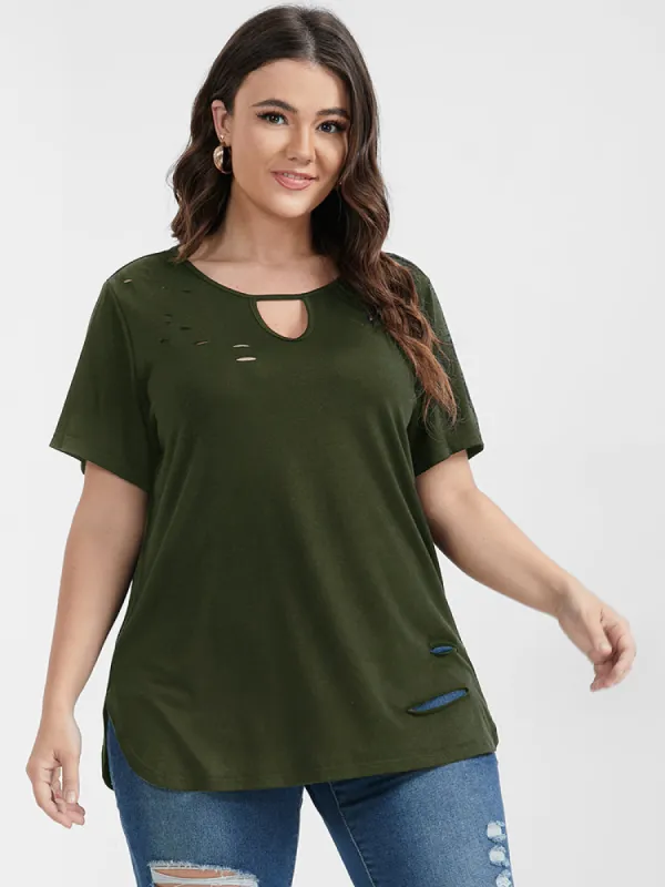 Plain Arc Hem Ripped Keyhole Round Neck T-shirt sold by Bloomchic