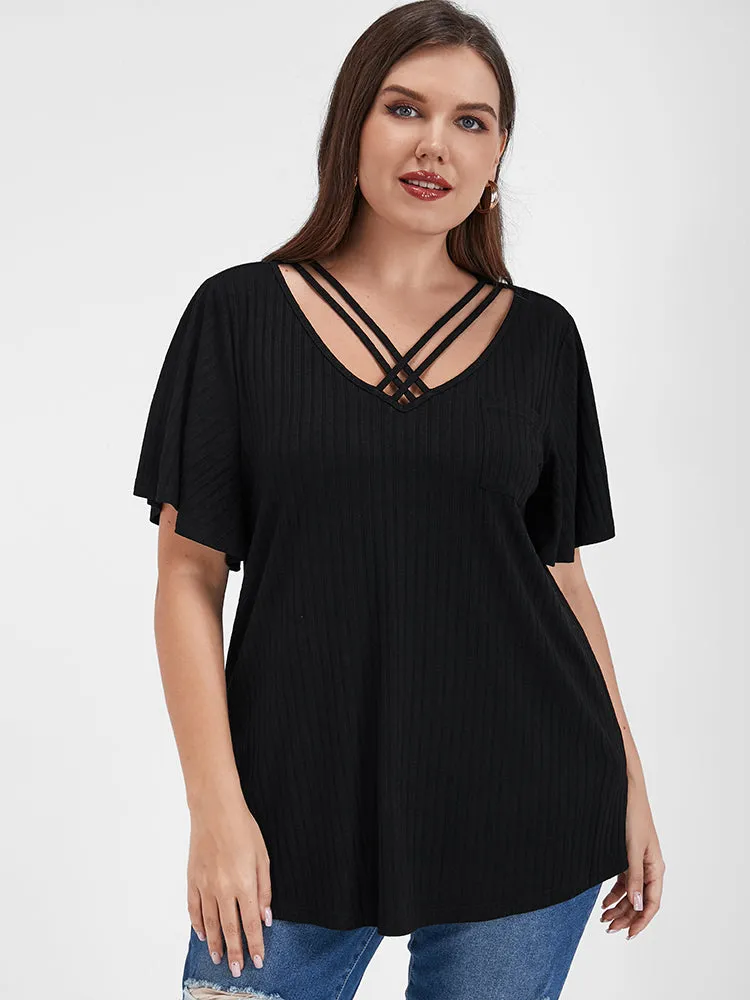 Solid Pocket Ruffled Crisscross T-Shirt sold by Bloomchic