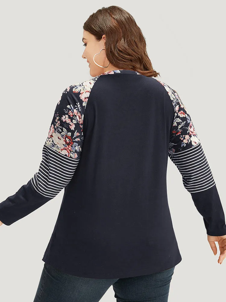 Floral Striped Patchwork Crew Neck Raglan Sleeve T-shirt sold by Bloomchic product image thumbnail 2