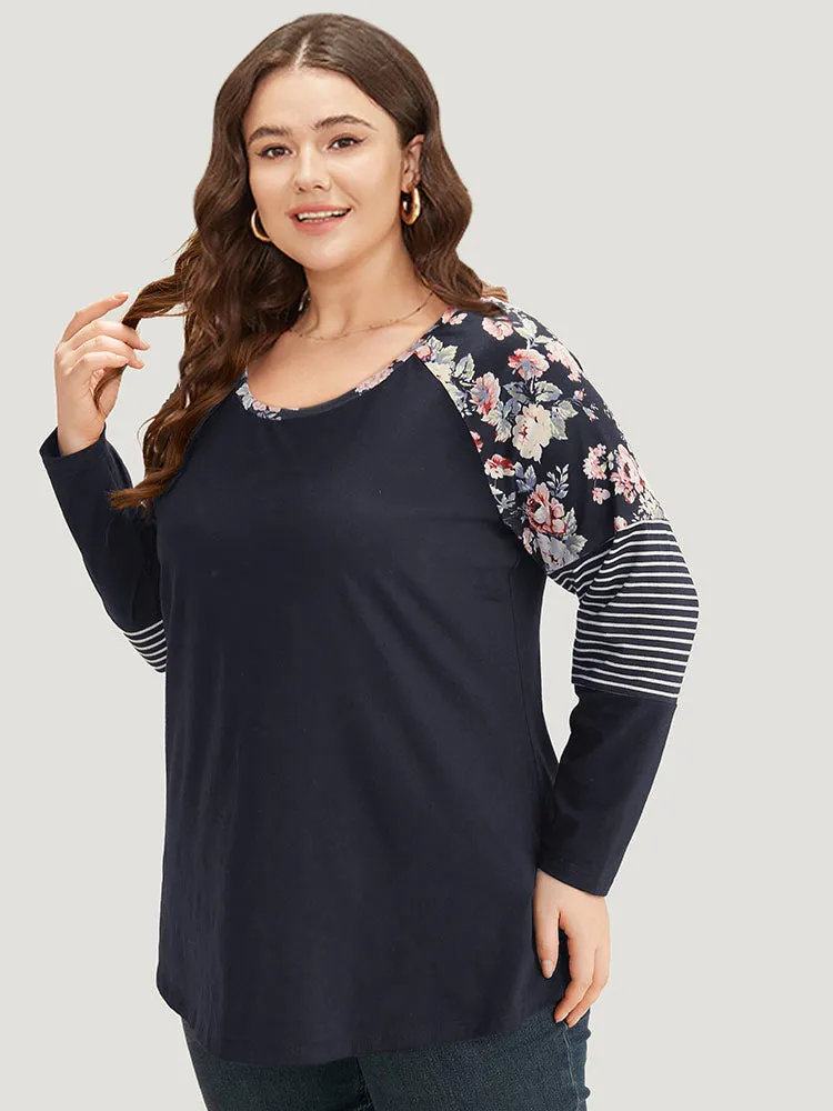 Floral Striped Patchwork Crew Neck Raglan Sleeve T-shirt sold by Bloomchic product image thumbnail 4