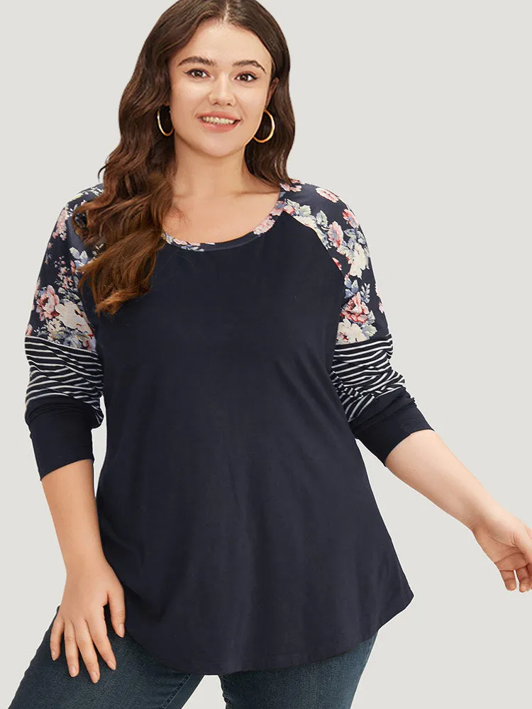 Floral Striped Patchwork Crew Neck Raglan Sleeve T-shirt sold by Bloomchic product image thumbnail 3