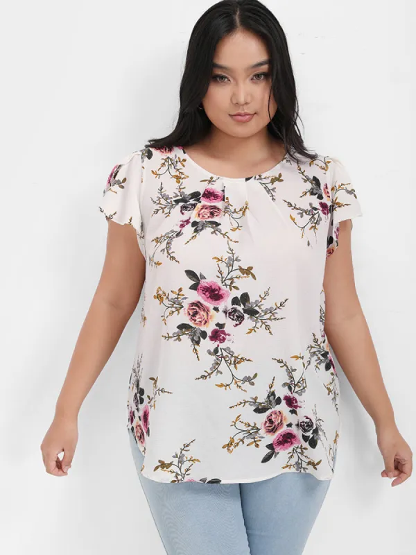 Floral  Split Ruffled Button Round Neck Blouse sold by Bloomchic