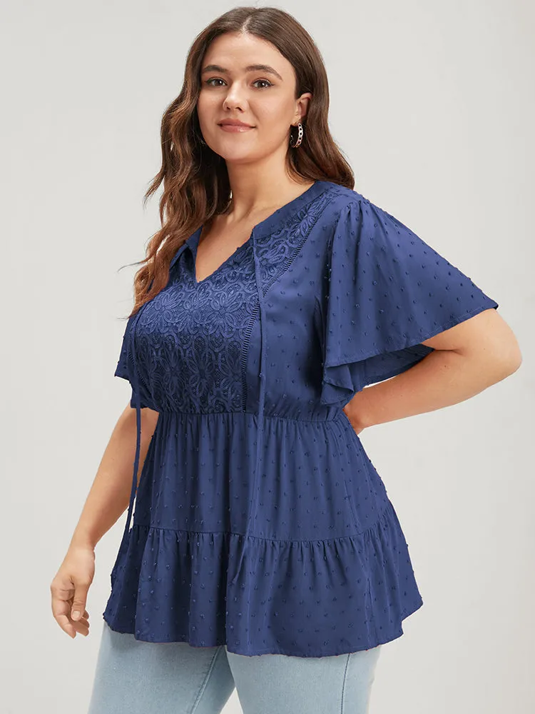 Plain Crochet Lace Embroidered Ruffles Ties Neck Blouse sold by Bloomchic product image thumbnail 2
