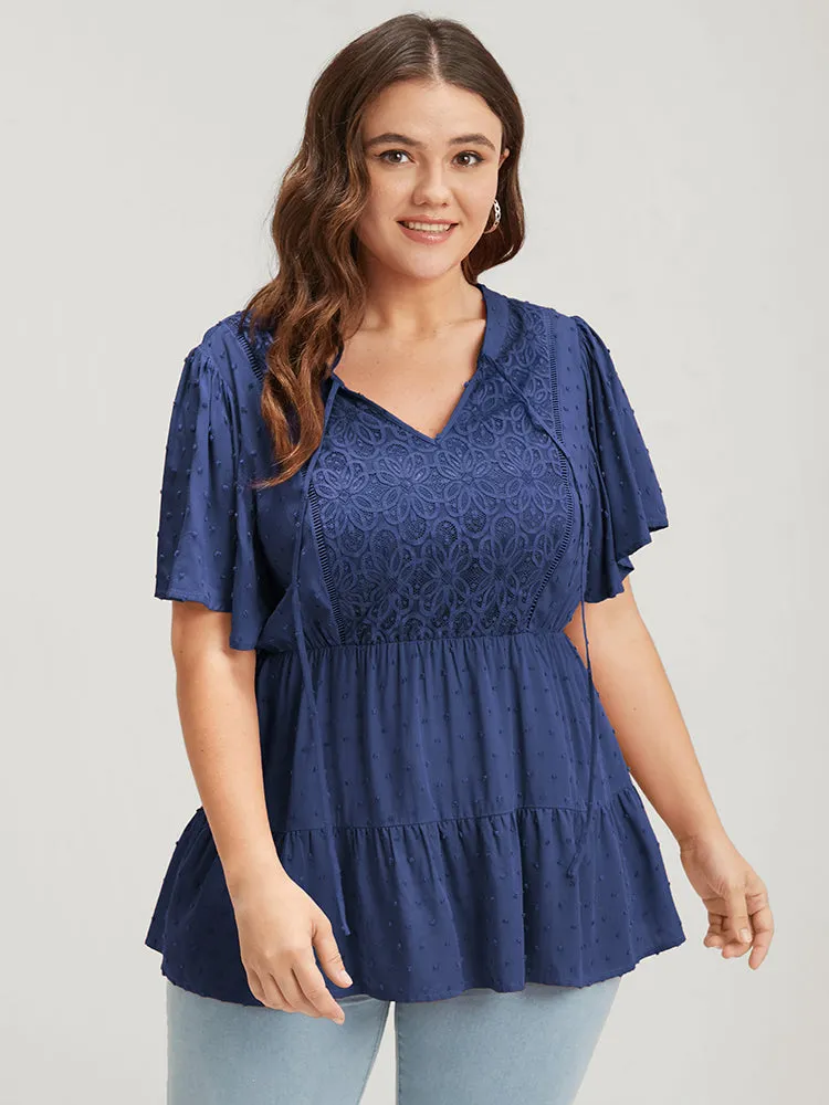 Plain Crochet Lace Embroidered Ruffles Ties Neck Blouse sold by Bloomchic product image thumbnail 4