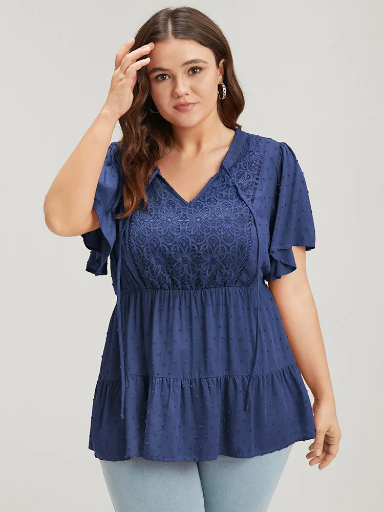 Plain Crochet Lace Embroidered Ruffles Ties Neck Blouse sold by Bloomchic