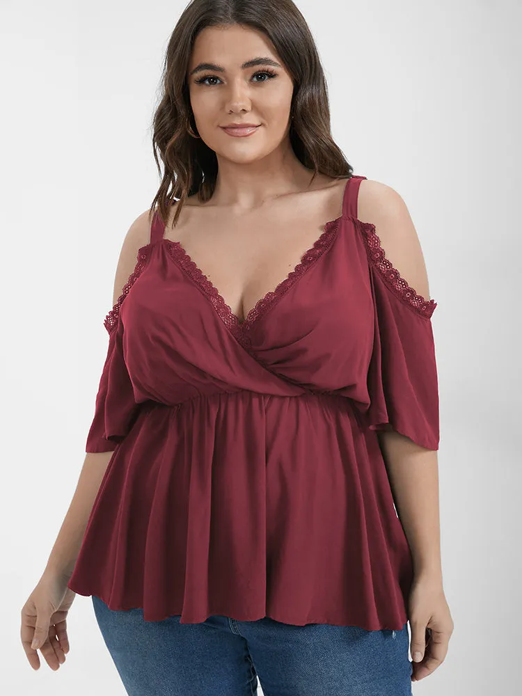 Plain Eyelet Lace Ruffled Cold Shoulder Blouse sold by Bloomchic product image thumbnail 4