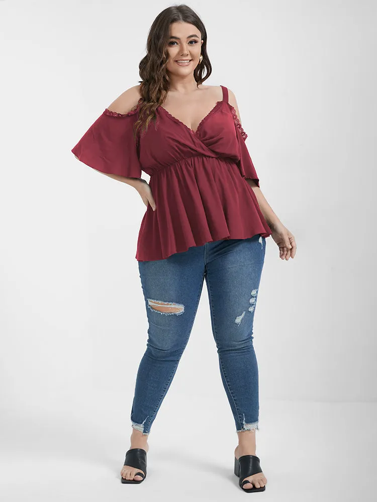 Plain Eyelet Lace Ruffled Cold Shoulder Blouse sold by Bloomchic product image thumbnail 2