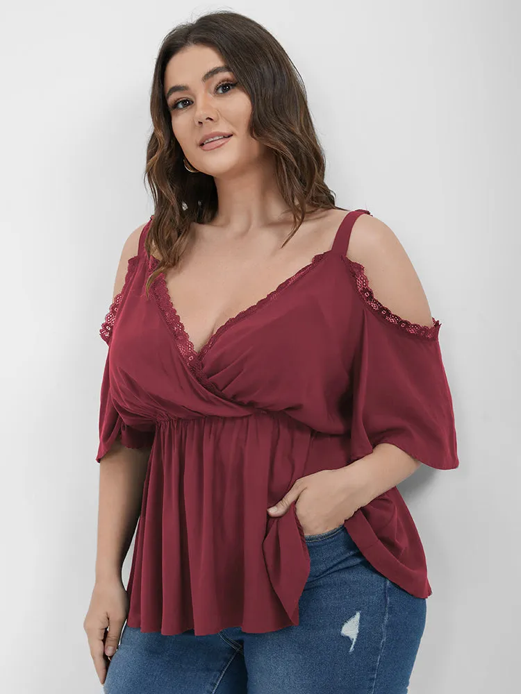 Plain Eyelet Lace Ruffled Cold Shoulder Blouse sold by Bloomchic product image thumbnail 5