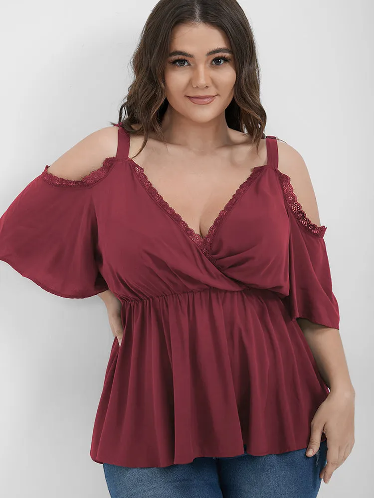 Plain Eyelet Lace Ruffled Cold Shoulder Blouse sold by Bloomchic