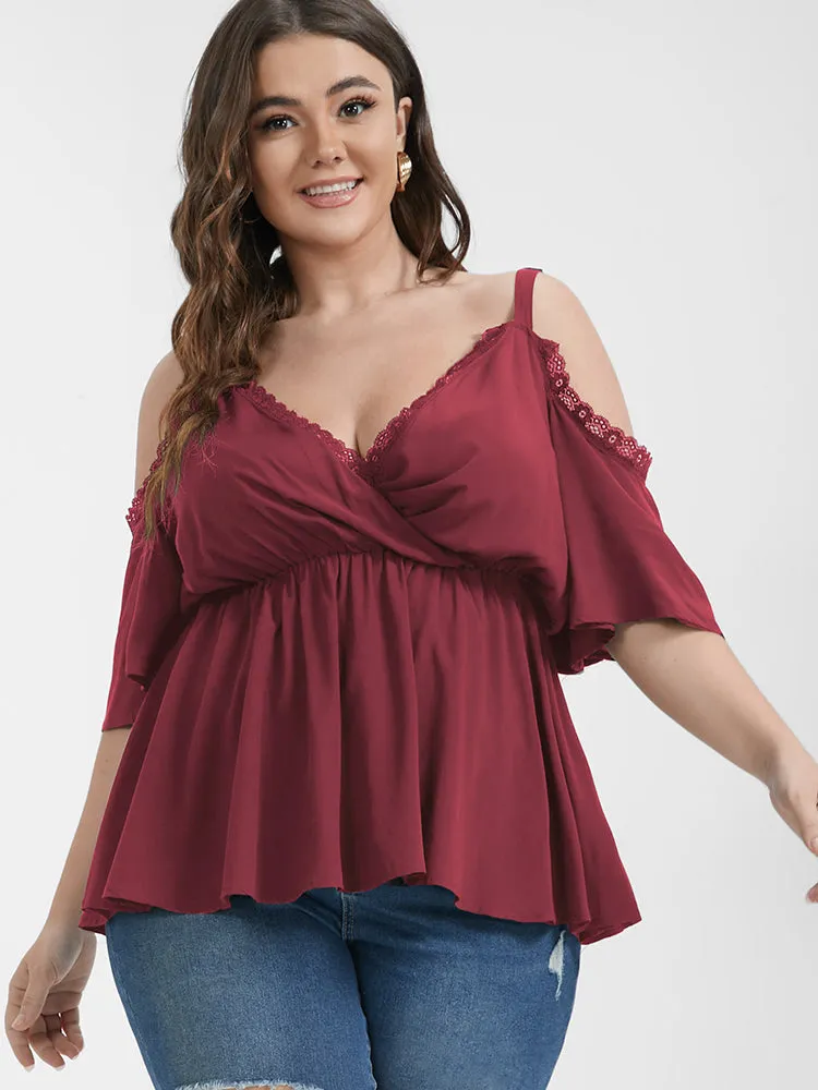 Plain Eyelet Lace Ruffled Cold Shoulder Blouse sold by Bloomchic product image thumbnail 3