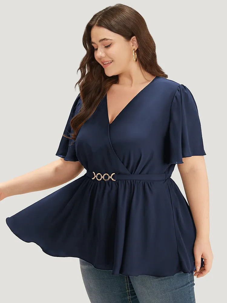 Anti-Wrinkle Plain Wrap Metal Detail Gathered Flutter Sleeve Blouse sold by Bloomchic product image thumbnail 2