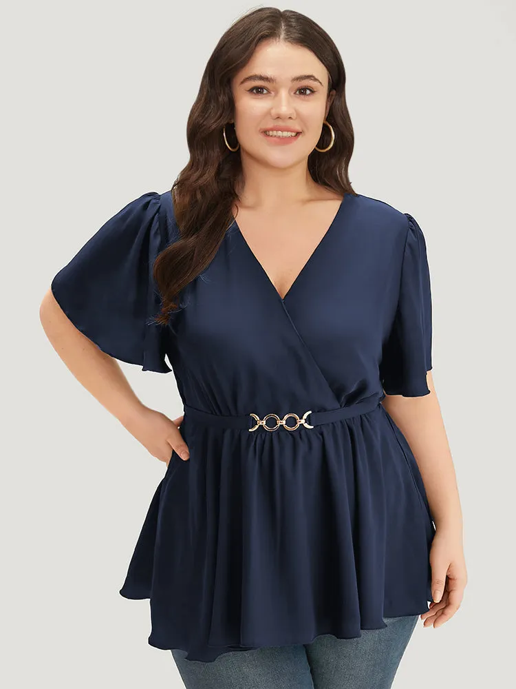 Anti-Wrinkle Plain Wrap Metal Detail Gathered Flutter Sleeve Blouse sold by Bloomchic product image thumbnail 3