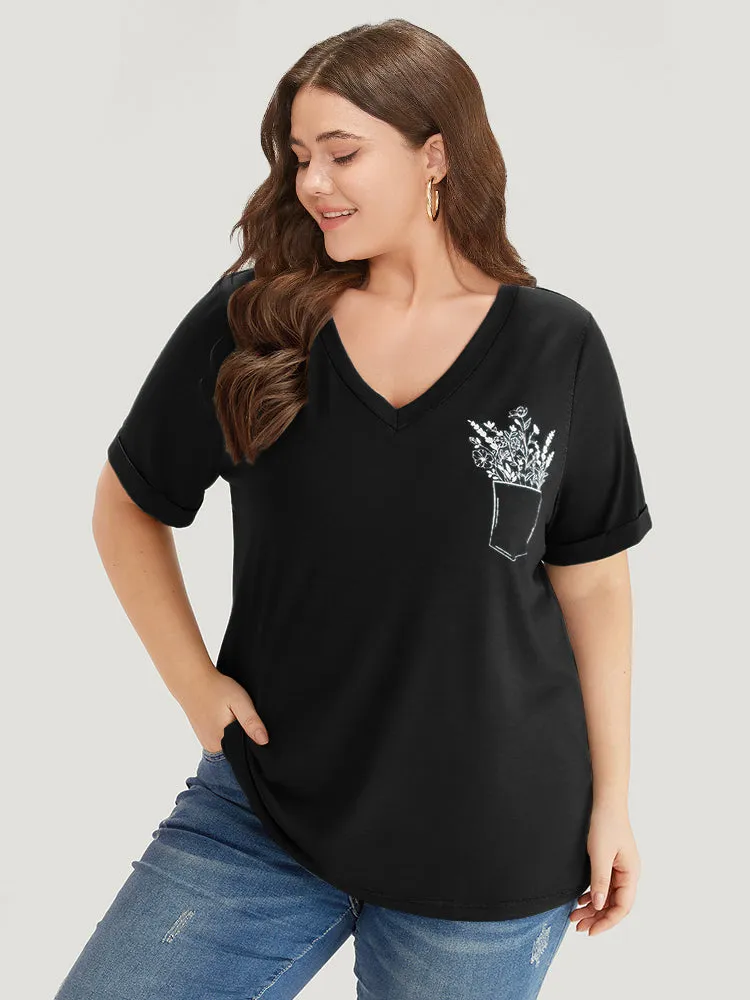 Solid Heather Plants Print V Neck T-shirt sold by Bloomchic