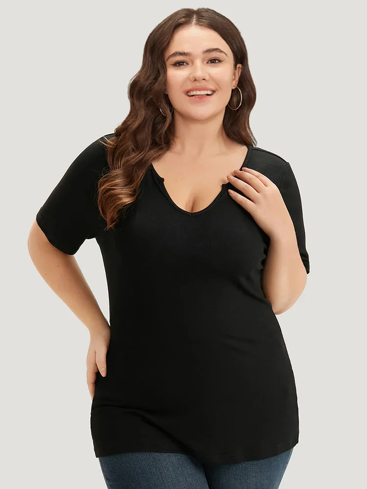 Rib Knit Plain Notched T-shirt sold by Bloomchic