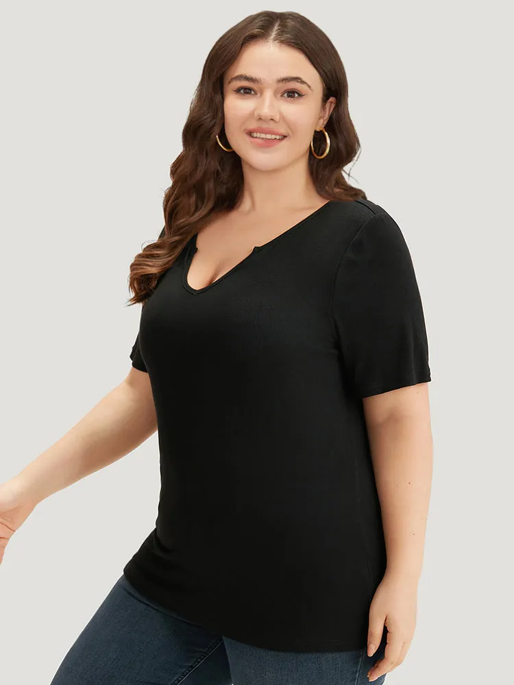 Rib Knit Plain Notched T-shirt sold by Bloomchic product image thumbnail 5