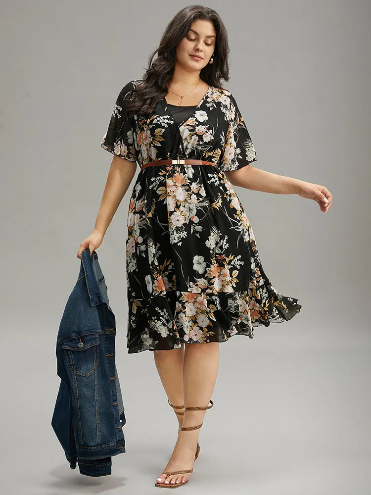 Floral Print 2-In-1 Mesh Ruffle Sleeve Dress sold by Bloomchic product image thumbnail 2