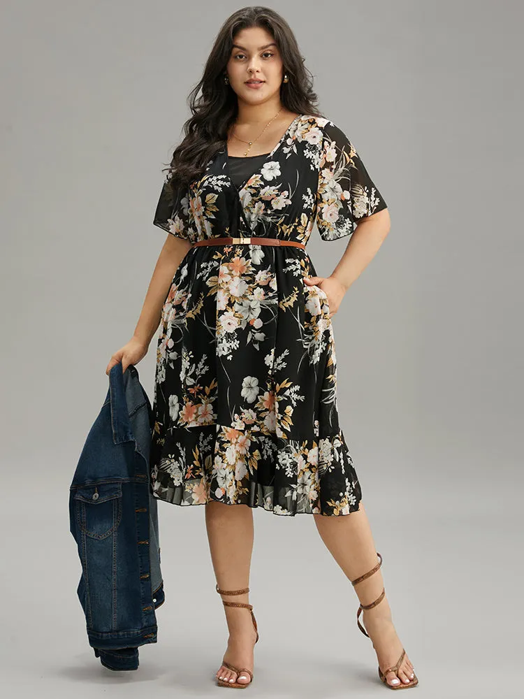Floral Print 2-In-1 Mesh Ruffle Sleeve Dress sold by Bloomchic