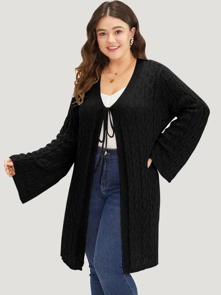 Geometric Eyelet Tie Front Bell Sleeve Tunic Cardigan sold by Bloomchic product image thumbnail 3