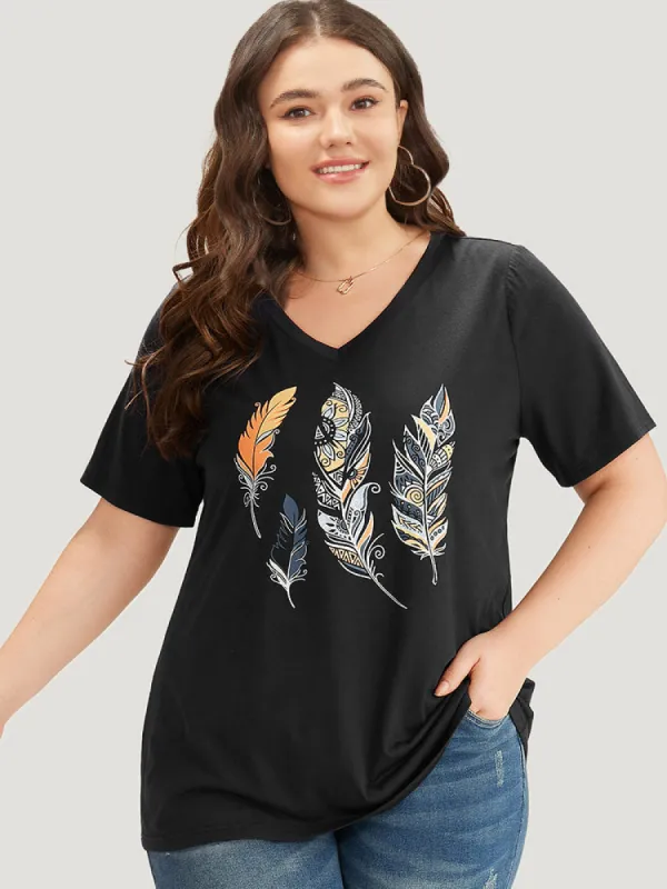 Feather Print V Neck T-shirt sold by Bloomchic