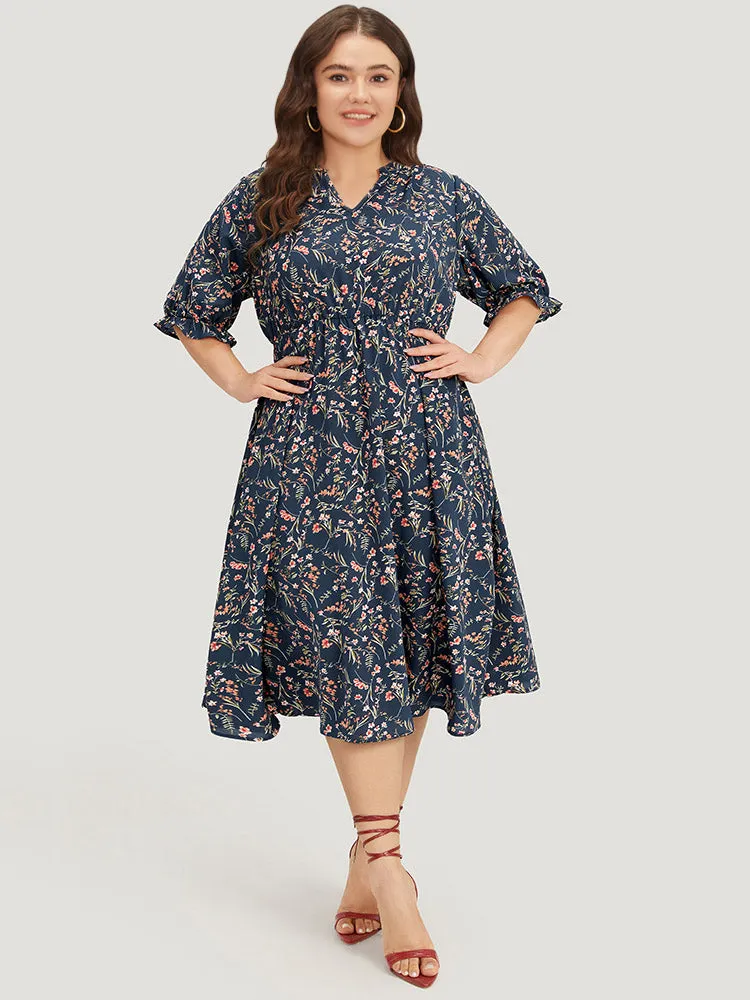 Ditsy Floral Notched Flutter Trim Elastic Waist Dress sold by Bloomchic product image thumbnail 4