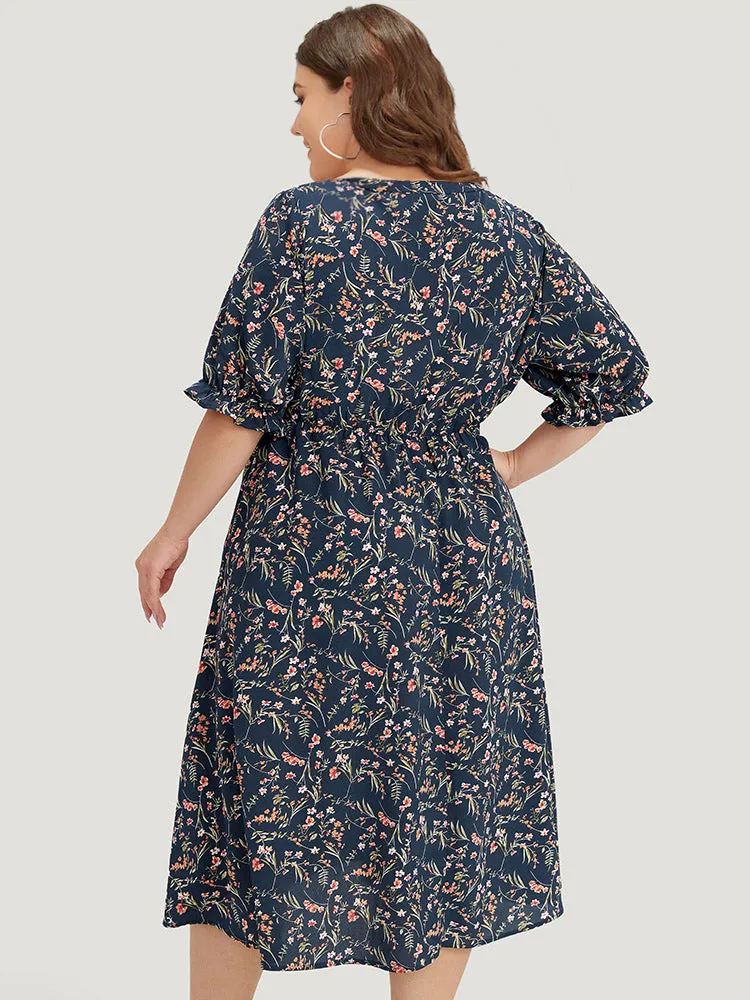 Ditsy Floral Notched Flutter Trim Elastic Waist Dress sold by Bloomchic product image thumbnail 3