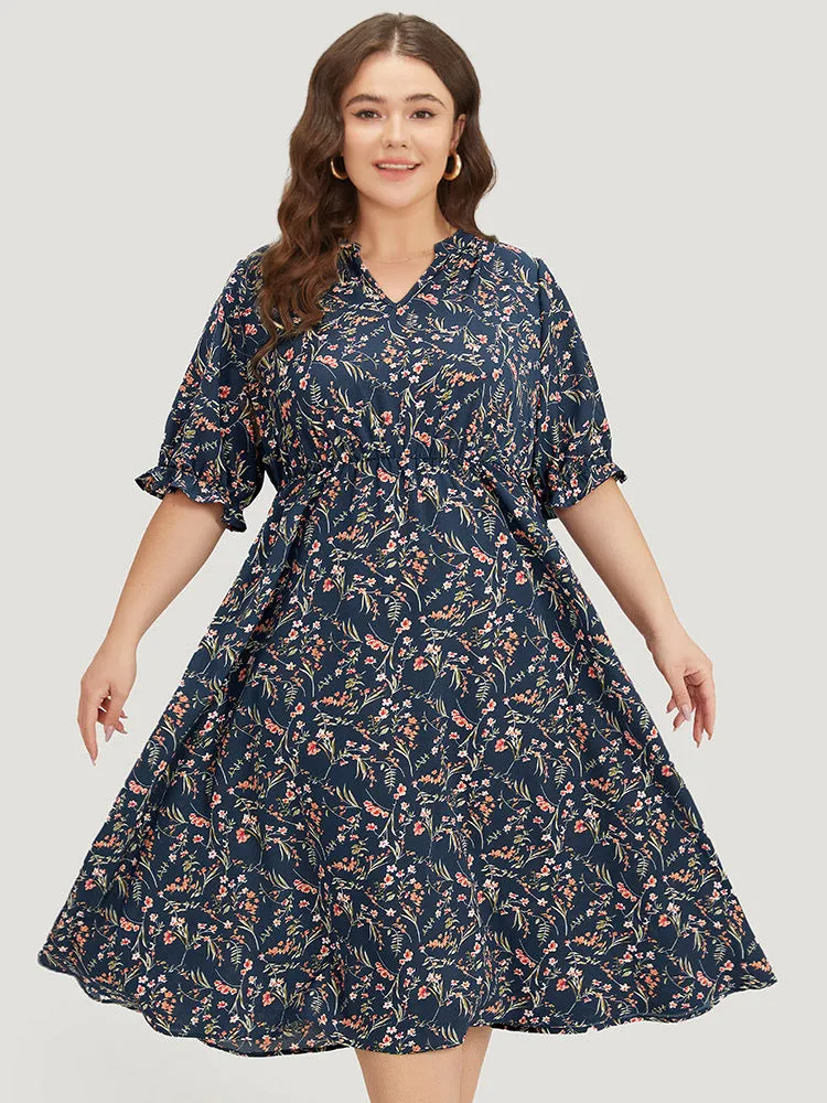 Ditsy Floral Notched Flutter Trim Elastic Waist Dress sold by Bloomchic