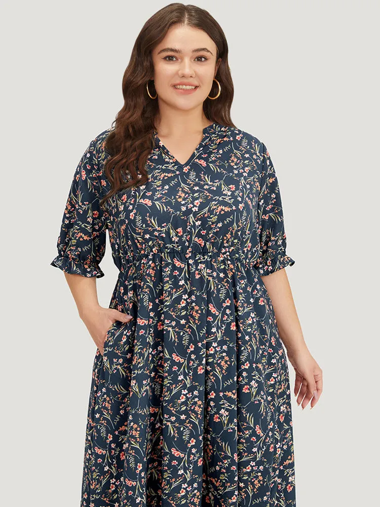 Ditsy Floral Notched Flutter Trim Elastic Waist Dress sold by Bloomchic product image thumbnail 5