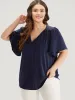 Plain V Neck Ruffle Sleeve Pleated Blouse sold by Bloomchic