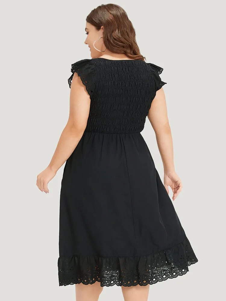 Crochet Lace Mesh Shirred Elastic Waist Ruffle Cap Sleeve Dress sold by Bloomchic product image thumbnail 4