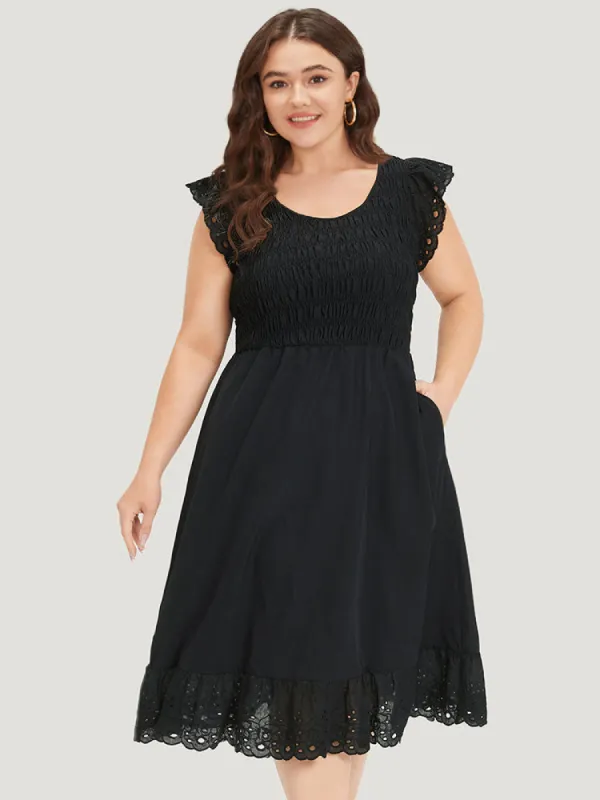 Crochet Lace Mesh Shirred Elastic Waist Ruffle Cap Sleeve Dress sold by Bloomchic