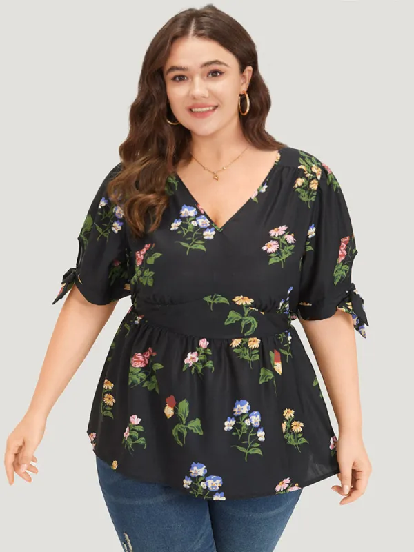 Floral Print Knot Gathered Elastic Waist Blouse sold by Bloomchic