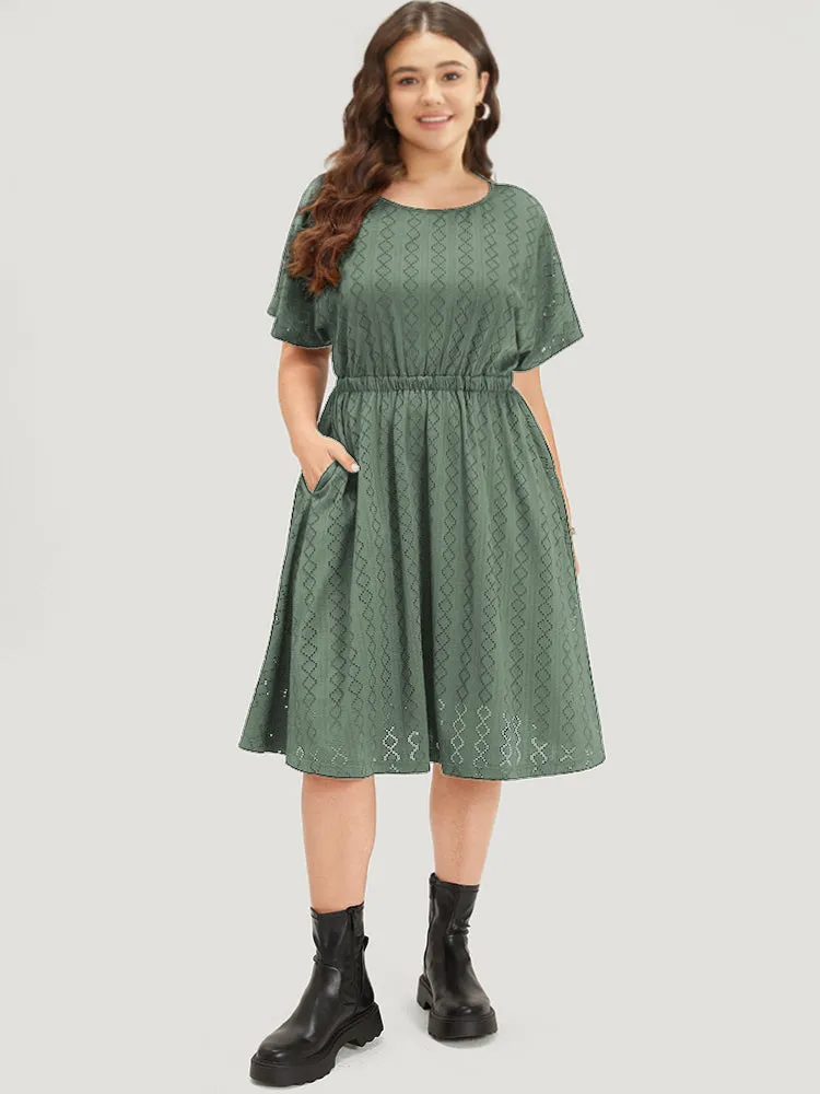 Plain Geo Eyelet Batwing Sleeve Elastic Waist Dress sold by Bloomchic product image thumbnail 4