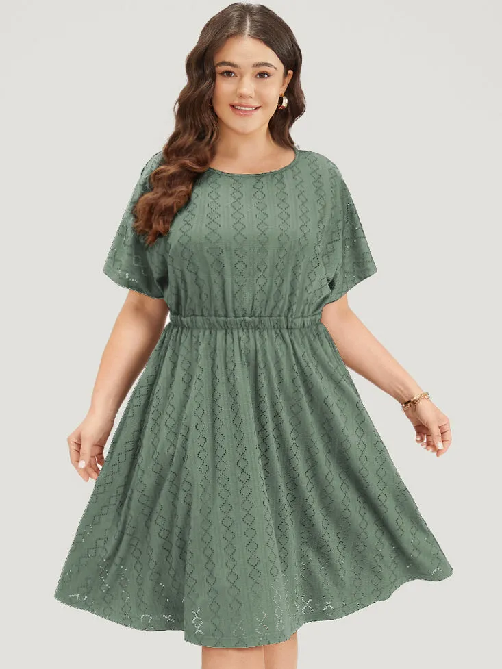 Plain Geo Eyelet Batwing Sleeve Elastic Waist Dress sold by Bloomchic