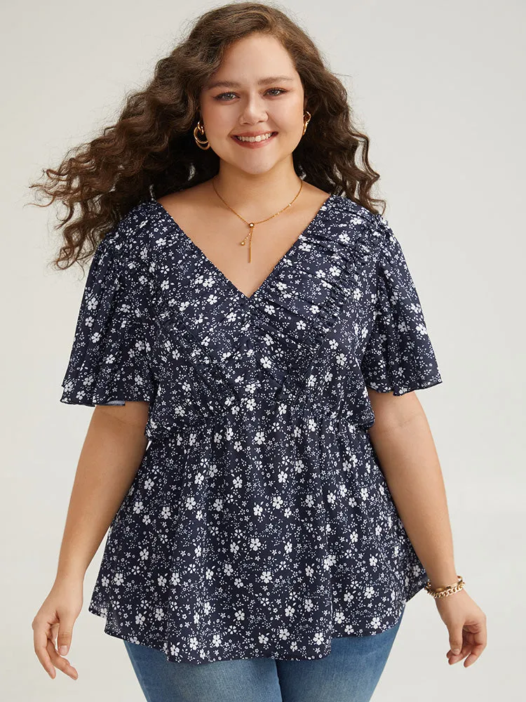 Ditsy Floral Flutter Sleeve Ruched Blouse sold by Bloomchic