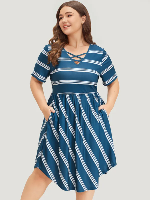 Striped Print Pocket Crisscross Curved Hem Dress sold by Bloomchic