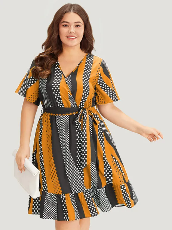 Striped & Polka Dot Graphic Pocket Ruffle Wrap Dress sold by Bloomchic