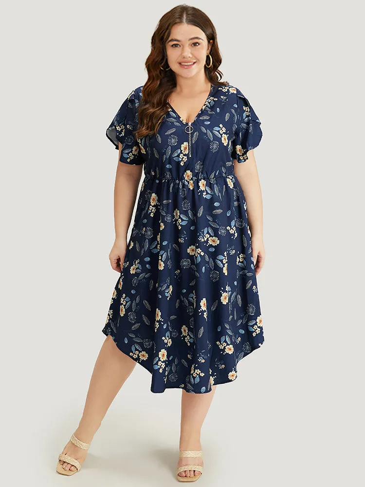 Floral Arc Hem Pocket Split Petal Sleeve Zip Up Dress sold by Bloomchic product image thumbnail 4
