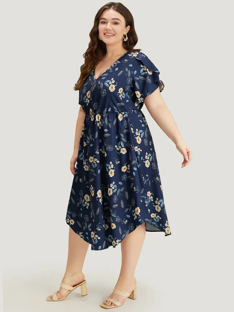 Floral Arc Hem Pocket Split Petal Sleeve Zip Up Dress sold by Bloomchic product image thumbnail 2