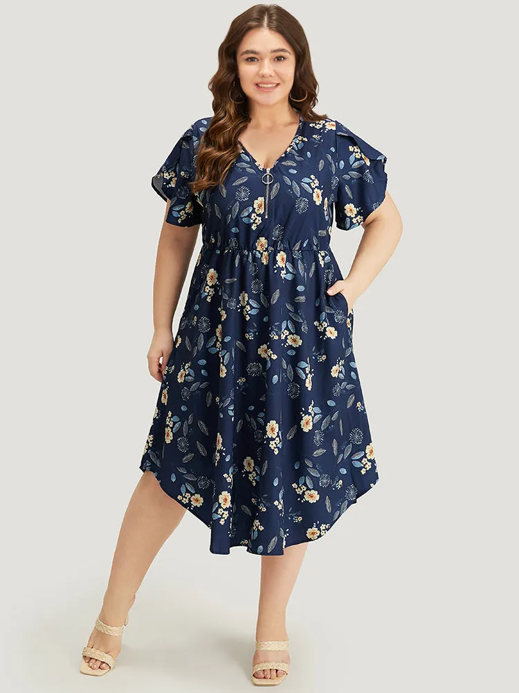 Floral Arc Hem Pocket Split Petal Sleeve Zip Up Dress sold by Bloomchic