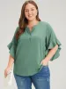Anti-Wrinkle Plain Notched Flutter Sleeve Button Up Blouse sold by Bloomchic