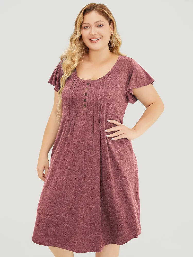 Plain Pleated Ruffle Sleeve Pocket Button Up Curved Hem Dress sold by Bloomchic product image thumbnail 4